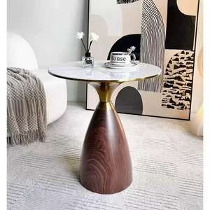 Elegante Mesa Auxiliar de Mármol con Ribete Dorado, Base Cónica de Madera, Mesa de Centro para Apartamento - Product Image 6