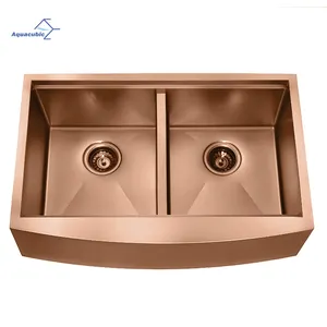 Aquacubic Rose Gold Mangkuk Ganda 16 Gauge 304 Celemek Besi Tahan Karat Wastafel Dapur Depan dengan Langkan