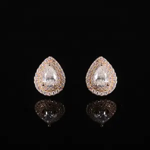 S93G Wholesale Price AU585 Gold Jewelry Pear Cut 4x6mm Diamond Studs Double Halo Designs 14K Yellow Gold Moissanite Earrings