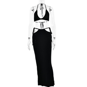 Crossed Halter Knitted Sweater And Long Skirt <b>Set</b> Backless Hollow Out <b>2</b> <b>Piece</b> Solid Color Bikini Beachwear <b>White</b> - Product Image 5