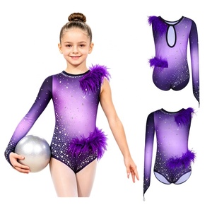 Girls <b>Rhythmic</b> <b>Gymnastics</b> <b>Leotard</b> One Sleeve Feather Trim Gradient Rhinestone Competition Stage Performance Custom - Product Image 2