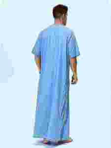 <b>Men's</b> Light Blue Cotton <b>Thobe</b> Round Neck Short Sleeve Floor Length Modest Prayer Wear Middle East Traditional Clothing all <b>man</b> - Product Image 2