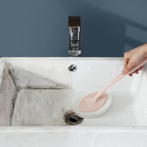 Bathroom Cleaning Brush Long Handle Oval Shape Sink Bathtub Tile Cleaner Nordic Pink White Gray Replacement Head Pack - Product Image 2