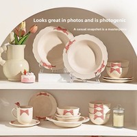 Bol à riz mignon en céramique avec nœud papillon, assiette à gâteau, assiette à dessert, coupelle creuse, résistant au micro-ondes, style féminin