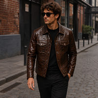 Veste décontractée pour homme en cuir grain crocodile, col rabattu, boutons métalliques, poches à rabat sur la poitrine, manches longues, vente en gros