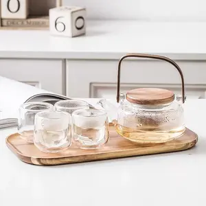 新款手工制作高硼硅透明玻璃茶具，带木质托盘和杯子茶具