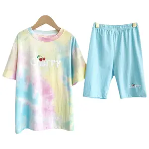 2024 New Short Sleeve Tie Dyed Biker Sport Suit 2 Piece Kids Clothing Set for Summer