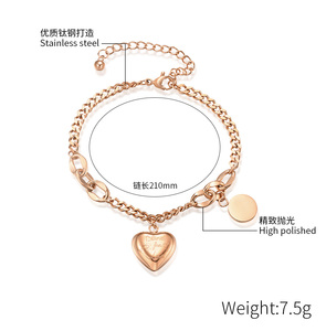 Pulsera de Acero Inoxidable con Corazón en Oro Rosa, Estilo Coreano, Artística y Elegante, Marca Popular Europea y Americana - Product Image 2