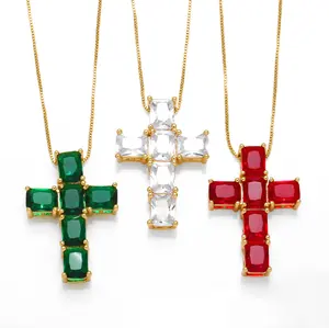 Ins Colorful Zircon Cross Pendant Female 18k gold plated Diamond Fine Necklace Jewelry