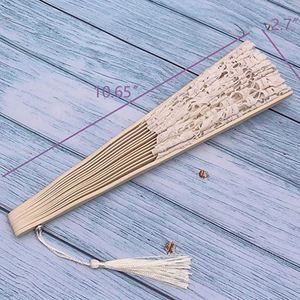 Éventail en dentelle pour femme, élégant, en coton, fait main, style vintage rétro, avec bâtons en bambou et pompons en soie, pour mariage - Product Image 4