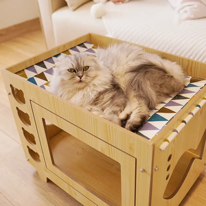 Juego de Casa de gato de dos pisos de madera clásica duradera con 2 cómodas alfombrillas para mascotas - Product Image 6