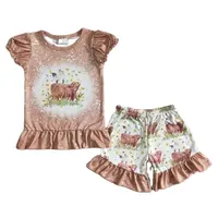 Western Highland Cow Sommerkleid ung Großhandel Kinder Baby Girl Bubble Sleeve Country Neues Set Kid Ruffle Shorts Outfit Kleidung