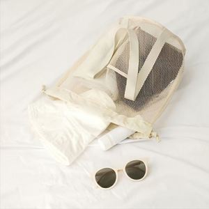 Summer Portable Drawstring Storage Pouch <b>Foldable</b> Polyester Mesh <b>Beach</b> Tote Lightweight Toiletry <b>Bag</b> for Travel - Product Image 6