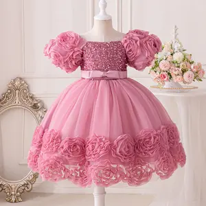 Nobile principessa abito da sera per la ragazza 2-10 anni perline soffice palla a rete per bambini vestito da festa fiore rosa abito da sposa