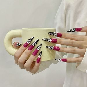 <span class=keywords><strong>Uñas</strong></span> Stiletto <span class=keywords><strong>Rosa</strong></span> Intenso con Puntas Francesas Negras en V y Diamantes <span class=keywords><strong>de</strong></span> Imitación, <span class=keywords><strong>Uñas</strong></span> Postizas Hechas a Mano <span class=keywords><strong>de</strong></span> ABS, 10 Piezas, <span class=keywords><strong>Uñas</strong></span> Stiletto con Puntas Negras - Product Image 5