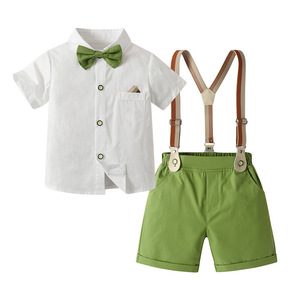 Adorable bébé garçon vert <span class=keywords><strong>blanc</strong></span> tenue ensemble chemise à pois nœud papillon bretelles Shorts élégant décontracté et vêtements de cérémonie - Product Image 6