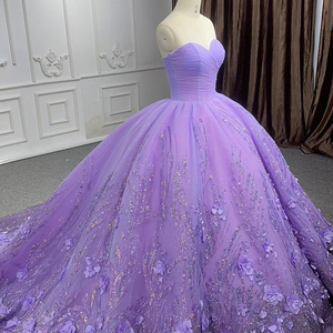Purple <b>Glitter</b> Lace Appliqued Chiffon <b>Ball</b> Gown Natural Sweetheart Neck Watteau Train Vintage Built-in Bra Evening Party Dresses - Product Image 5