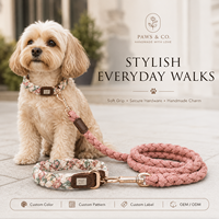 Kit d'accessoires pour animaux de compagnie haut de gamme tressé à la main pour chats, collier tissé imprimé floral, laisse en corde tressée rose assortie, étiquette en PU dorée