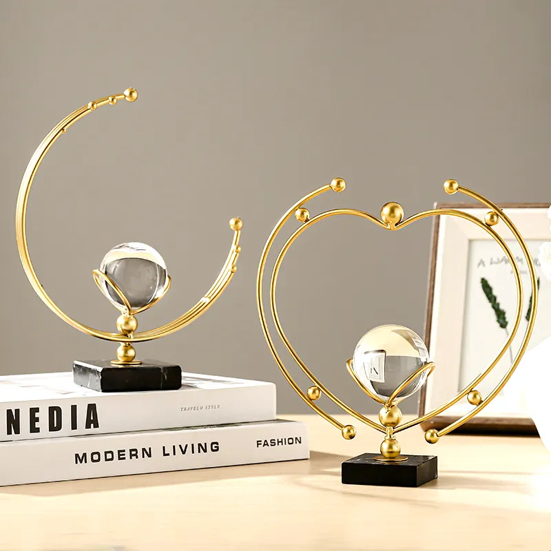 Luxe Metalen Huisdecoratie Veranda Kast Desktop Gouden Decoratie Nordic Iron Double Love Style Kristallen Bol Ornament