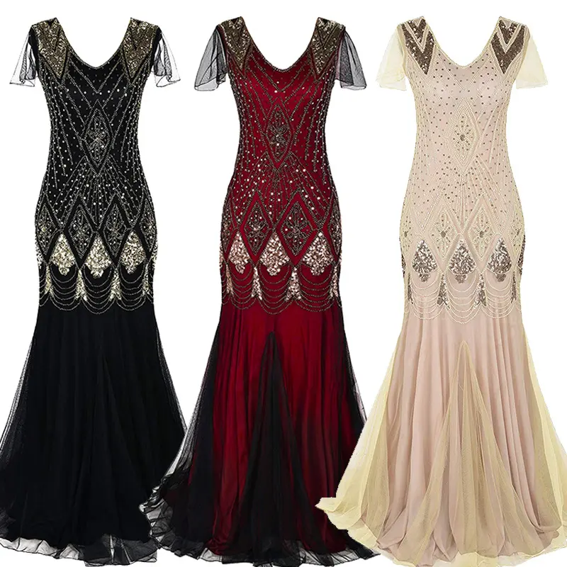 elegant sequined with mesh formal dress pretty floor-length wedding dress women LY1123-7