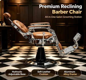 Fauteuil <span class=keywords><strong>de</strong></span> Barbier Vintage Marron en Gros avec Cadre Chromé, Revêtement en Cuir PU Capitonnage Diamant, Chaise <span class=keywords><strong>de</strong></span> Salon Inclinable et Base Ornée <span class=keywords><strong>de</strong></span> Volutes - Product Image 1