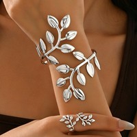Ensemble de bijoux ajustables plaqué or et argent pour femme, avec bracelet ouvert et bague, motif feuille exagéré, style chunky, idéal pour les fêtes
