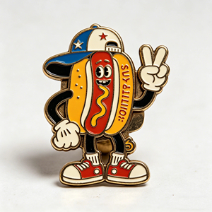 Épinglette en émail dur OEM ODM Premium motif Hotdog Guy de dessin animé, signe de la paix, badge personnalisé en alliage émaillé pour collection ou cadeau - Product Image 1
