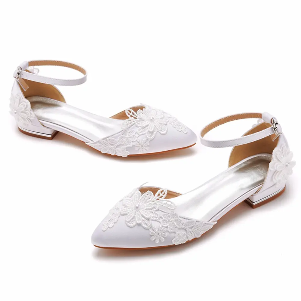Ngón chân Nhọn Khóa Dây đeo làm đẹp thoải mái Giày cưới cô dâu giày trắng phẳng cho phụ nữ và phụ nữ