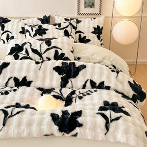 Set di piumino da 4 pezzi Set di quattro pezzi in tessuto tessile per la casa Set di biancheria da letto in velluto di latte bianco stampato <span class=keywords><strong>nero</strong></span> - Product Image 4