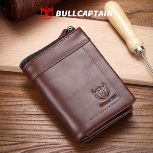 BULLCAPTAIN Men Genuine Leather <b>Wallet</b> Vintage <b>RFID</b> <b>Blocking</b> Anti‑Theft Folding <b>Wallet</b> ID Window Coin Pocket and Zipper Closure - Product Image 1