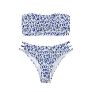 Costume da bagno da donna blu con stampa floreale, sexy, con reggiseno imbottito a fascia e <span class=keywords><strong>perizoma</strong></span> alto, bikini 2 pezzi, costume da bagno estivo senza schienale per la spiaggia - Product Image 5