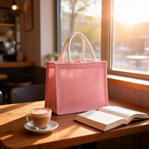 Borsa Tote in Iuta Rosa con Logo Personalizzato, Borsa per Shopping in Lino per Abbigliamento, Souvenir per Matrimoni e Regali - Product Image 6