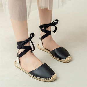<span class=keywords><strong>Sandalias</strong></span> Planas <span class=keywords><strong>de</strong></span> Verano para Mujer, Estilo Elegante, <span class=keywords><strong>de</strong></span> Cuero Negro, con Cordones en el <span class=keywords><strong>Tobillo</strong></span> y Suela <span class=keywords><strong>de</strong></span> Yute Tejido - Product Image 2