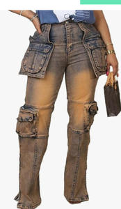 Pantalones vaqueros <span class=keywords><strong>Cargo</strong></span> de alta calidad para <span class=keywords><strong>mujer</strong></span>, pantalones vaqueros de <span class=keywords><strong>vaquero</strong></span> lavados azules de cintura alta Vintage con bolsillos, pantalones vaqueros de calle - Product Image 5