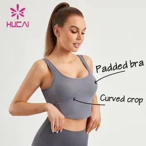 HUCAI custom logo polyester workout U neck slim fit Corset curved hem crop top padded yoga sports bra