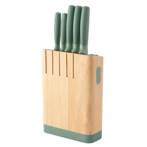 Bloque de cuchillos de cocina de 6 piezas con base de madera y mangos verdes para uso en la cocina - Product Image 1