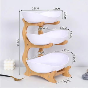 Bandeja de fruta con marco de madera y bambú multicapa Bandeja de fruta seca de cerámica de estilo europeo - Product Image 3