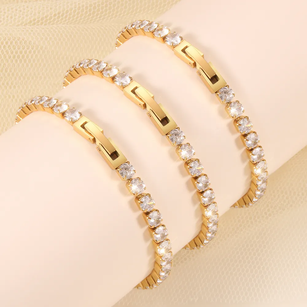 Wholesale Crystal Stone Tennis Chain Gold Plated Cubic Zirconia Stainless Steel Bracelet For Women Girls
