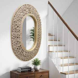 PARISLOFT Boho Bamboo Frame <b>Mirror</b>, Coastal <b>Mirror</b> with Rattan Detail, <b>Decorative</b> <b>Mirror</b> for Living Room, Bedroom, Entryway, 24. - Product Image 6