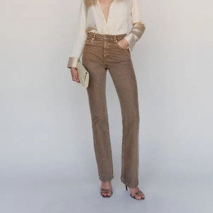Pantalones de pana de cintura alta para mujer, de pierna recta, color liso, longitud completa, corte regular, estilo casual con bordes deshilachados, para otoño - Product Image 1