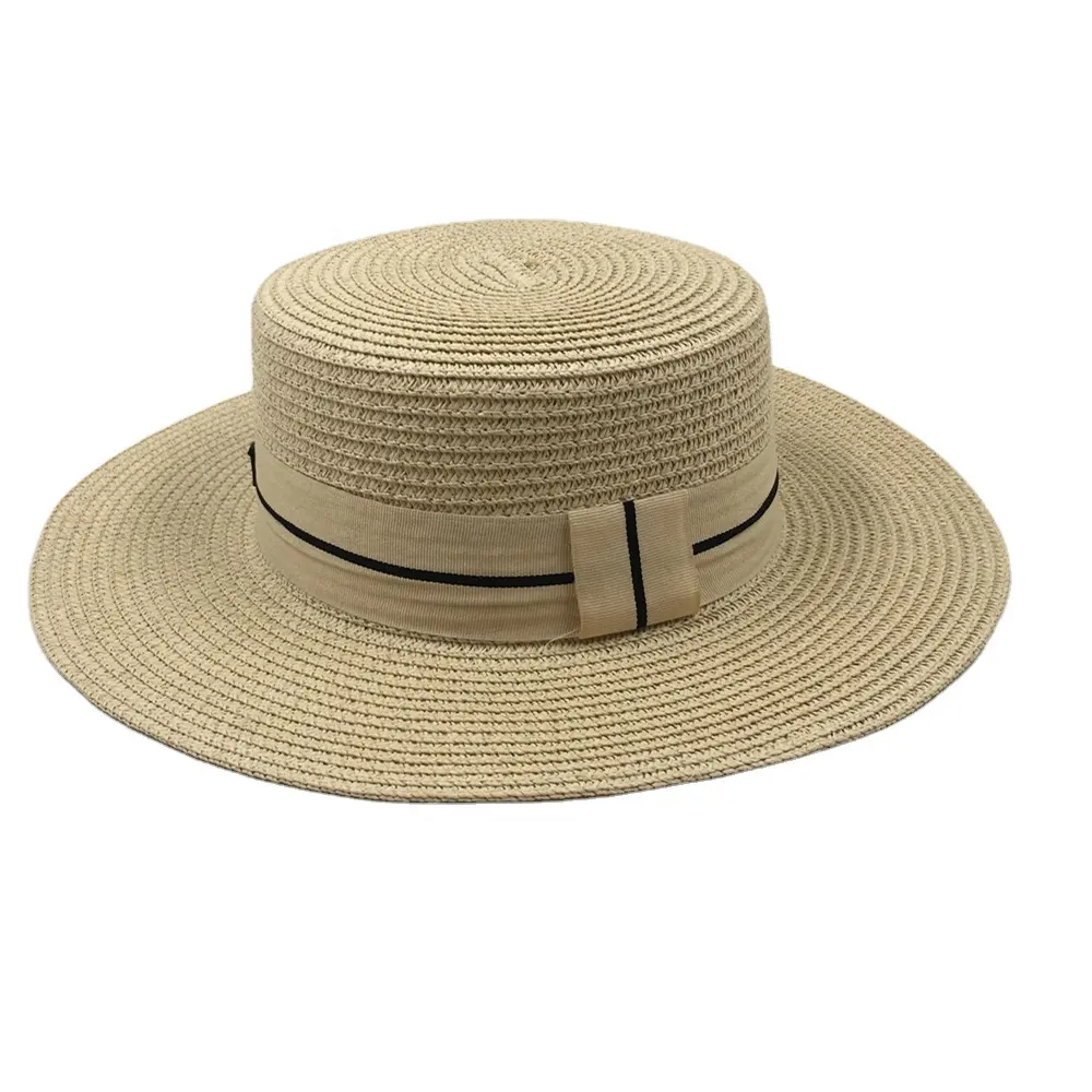 Fabbrica all'ingrosso signore beige carta bianca treccia nastro sombreros de paja beach sun flat top cappello di paglia cappello panama boater