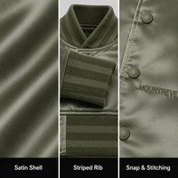 Blouson universitaire personnalisé pour homme en satin olive, avec boutons-pression, col et poignets côtelés, finition brillante, style baseball, bomber, universitaire, décontracté, streetwear