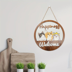 Circular Wooden Wall Sign With Cats Happiness Welcome <b>Home</b> <b>Decoration</b> <b>Rustic</b> Style - Product Image 3