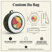 Bolso Ita Personalizado Kawaii con Diseño de Sushi Nigiri de Salmón, de Cuero PU Naranja y Blanco, con Ventana Circular, Borla Dorada y Pin Decorativo Estético