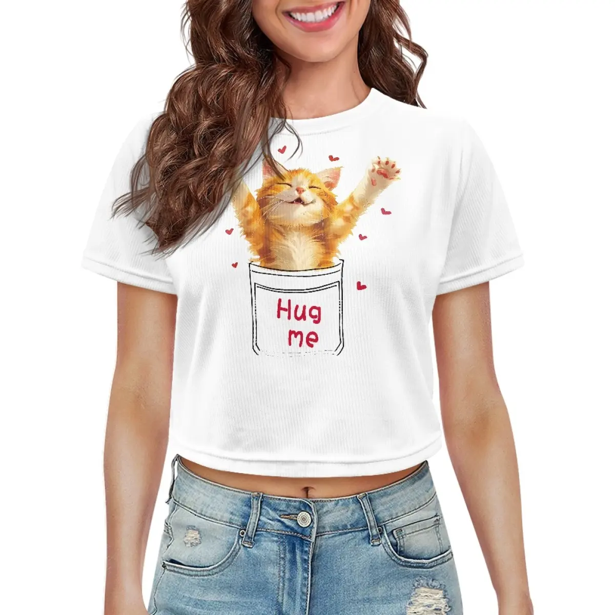 Hug Me sevimli kedi baskı talep üzerine kısa kollu tişört baskı süblimasyon tasarım kadın kırpma üstleri kadın spor spor nedensel Tees