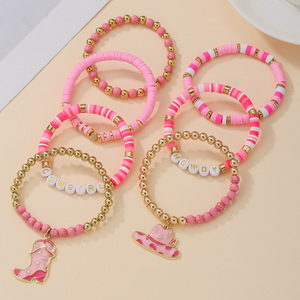 Pink Western Cowboy Style <b>Beaded</b> <b>Bracelet</b> With Letter Charms Stackable Design For Women Jewelry Gift - Product Image 4