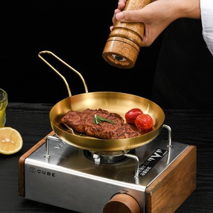 Stainless Steel Gold Steak Plate Round With Handle For Party Food Serving - Product Image 1