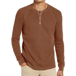 पुरुषों हेनरी कॉलर टी शर्ट कसरत अवकाश पहनते हेनले टी शर्ट कपास बुना रिक्त टी आपूर्तिकर्ता ओ-गर्दन फैशन वफ़ल लंबी आस्तीन
