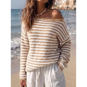 Pull en tricot rayé personnalisé pour femme, coupe ample, col bateau, manches longues, style décontracté - Product Image 5