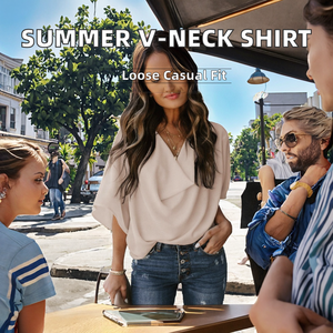 เสื้อเบลาส์ลำลองคอวีทรงหลวมติดกระดุมด้านหน้า ผ้าถักพิมพ์ลายเรียบง่ายสไตล์ยุโรป ระบายอากาศได้ดี เป็นมิตรกับสิ่งแวดล้อม เหมาะสำหรับฤดูร้อน รับผลิตแบบ OEM/ODM - Product Image 2